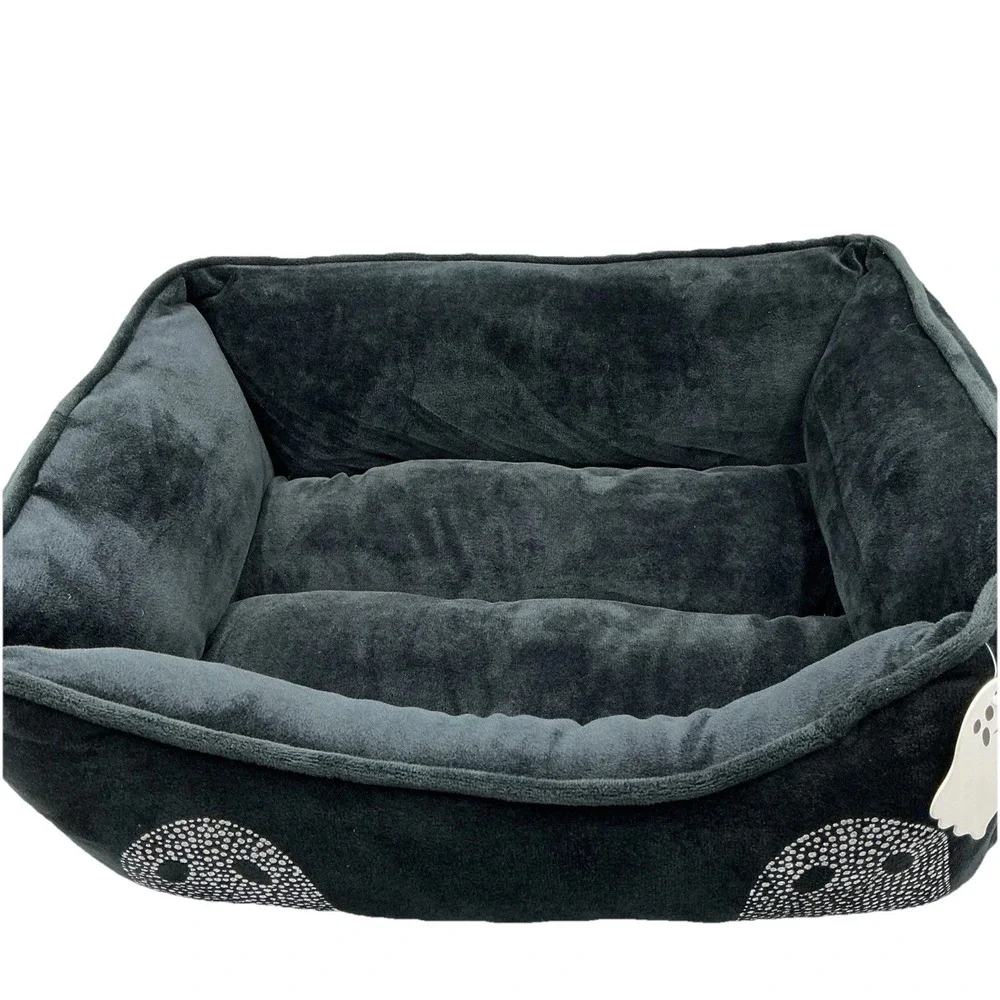 Tricks For Treats Pet Bed Black Velour Silver Ghosts Halloween Gothic 20x16x7